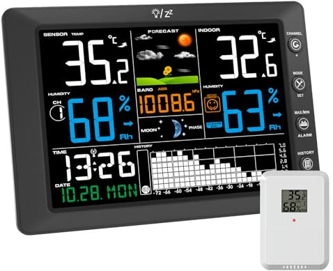 Urageuxy Station Meteo Sans Fil avec Capteur Extérieur Grand Écran Couleur, Thermomètre Intérieur Extérieur, Hygromètre, Prévisions Météo, Portée 100M, Pression Atmosphérique, Radio-Réveil DCF, Alarme