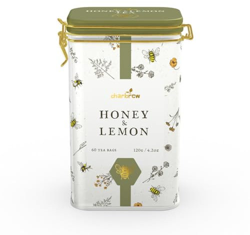 Charbrew Bees & Garden - Honey & Lemon Tea Tin 60 Teabags | Soothing Herbal Green Tea Blend in Reusable Metal Decorative Tin