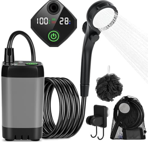 GuKKK Tragbare Campingdusche mit Pumpe, Camping Dusche mit Wiederaufladbarem 7800mAh Akku und Temperaturanzeige, Mobile Outdoor Duschen mit Einstellbar Duschkopf und 2M Schlauch, für Camping Reisen