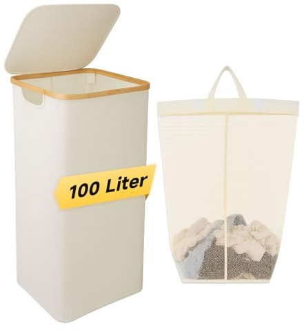 100L Extra großer faltbarer Wäschekorb mit Deckel - Wäschekorb für schmutzige Kleidung & zusammenklappbarer Korb, tragbarer Wäschesammler für Zuhause, Reisen, Badezimmer & Waschküche, Beige