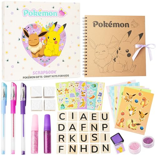 Pokémon Kit Scrapbooking Enfants, All in One avec Stickers, Tampon Encreur, Lettres en Bois, Carnet Spirale et Stylos Gel, Idee Cadeau Papeterie Kawaii