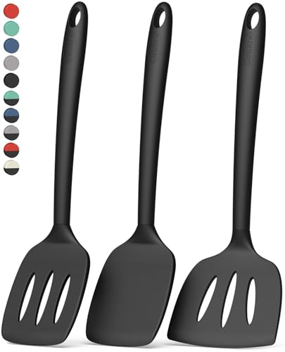 Coukre 3 Pack Silicone Spatula Set, High Heat Resistant, BPA-Free, Fish Spatula, Solid & Slotted Turner for Non-Stick Pans, Flipping Eggs, Pancakes, Fish, Burgers (3, PureBlack)