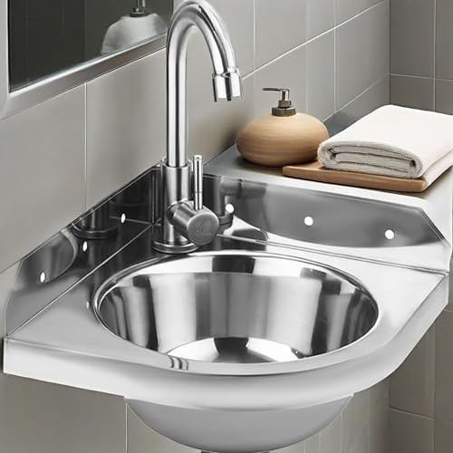 Évier D'angle Pratique Petit Lavabo Salle De Bain Lavabo Acier Inoxydable Suspendu Avec Robinet D'eau Chaude Et Froide Et Accessoires De Drainage,Intérieur Et Extérieur,Facile à Nettoyer