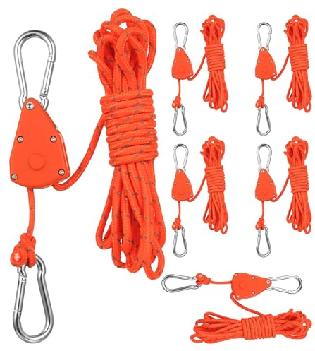 6 Pcs Reflective Tent Guy Ropes for Tents, 4mm x 4M Heavy Duty Ratchet RopesAdjustable Tent Guide Ropes, Grow Lights Ratchet Hangers with Tensioner for Indoor Outdoor Camping Hiking Awning