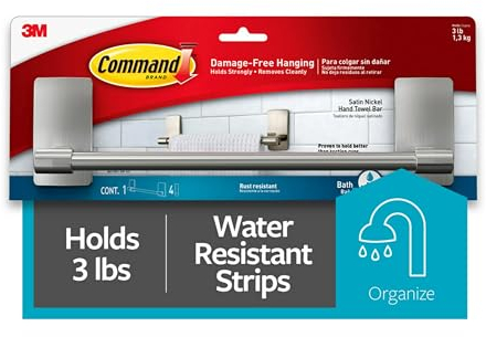 Command Hand Towel Bar, Satin Nickel Finish, Rust-resistant, Holds 1,3Kg - Organise your Bathroom Damage Free