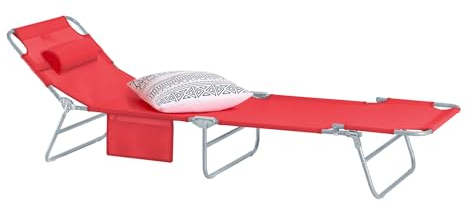 SoBuy Sonnenliege klappbar Gartenliege Liegestuhl klappbar mit Kopfkissen & Seitentasche Strandliege Balkon Relaxliege 155x56x81cm für Gartenmöbel Terrasse Camping Rot OGS35-R