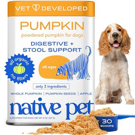 Native Pet Pumpkin for Dogs - Organic Dog Food Topper Powder - Promotes Firm Stools, Supports Digestive, Bowel Health & Nutrient Absorption - USDA Organic, Rich in Fiber with Real Pumpkin - 30 Scoops