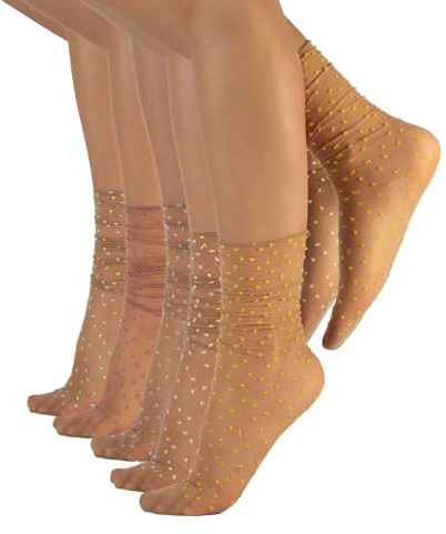 CALZITALY PACK 4/5/6 PARES de Calcetines sin Puño Elástico, Mini Medias sin Cinturón Elástico, Calcetines Finos | 20 DEN | Made in Italy (Talla Unica, 5 Pares Naturales - Lunares)