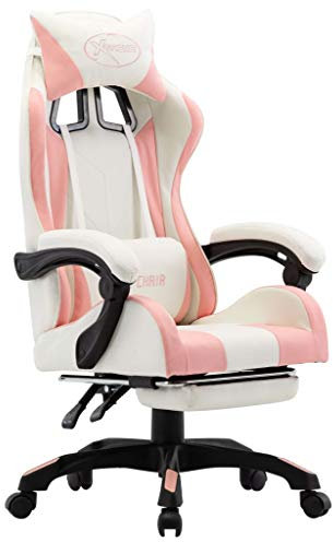 vidaXL Gaming Stuhl mit Fußstütze Kopfkissen Taillenkissen Bürostuhl Drehstuhl Chefsessel Schreibtischstuhl Sportsitz Racing Rosa Weiß Kunstleder