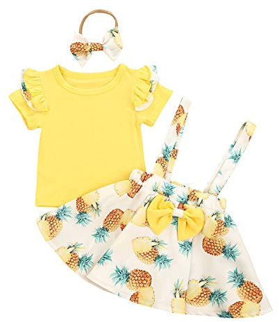 Verve Jelly Gonne per Neonate Set Pagliaccetto con Volant + Abito Intero Floreale Gonne con Cinturino con Fiocco Bowknot Abiti per Bretelle di Compleanno 80 Giallo 6-12 Mesi