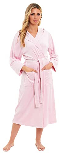 Daisy Dreamer Womens Hooded Velour Robe Dressing Gown Stretch-Velour Belted Bath Robes Nightwear (Pink, M)