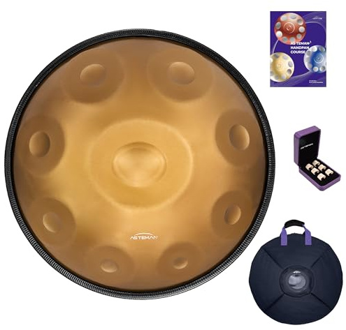 AS TEMAN HANDPAN Drum D minor 9 notes 22 inches, 432Hz, with gold finish, carrying bag, stand, cleaning cloth, drumstick.