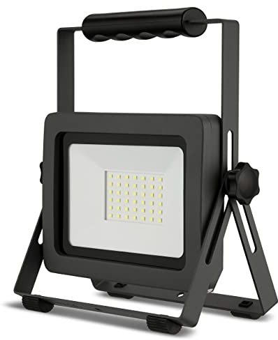 REV Foco LED para obras, 30 W, 2550 lm, IP65, 6500 K, aluminio resistente, para obras, taller y sótano, cable de goma de 2,5 m, color gris antracita y plateado