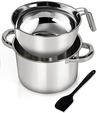 Double Boiler Pot Set,1250ML/1.1QT Mixing Bowl for Chocolate Melting, 2200ML/ 2QT 304 Stainless Steel Pot With Silicone Spatula for Melting Chocolate, Candy, Candle, Soap, Wax