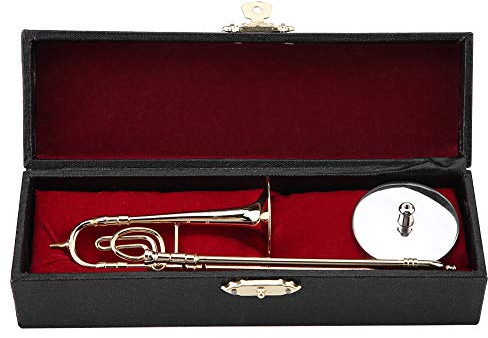 Miniatur Posaunen Modell Replik mit Ständer und Gehäuse Vergoldetes Instrument, 15cm Mini Vergoldetes Saxophon Posaune Deko Ornament Nachbildung für Weihnachts Musikliebhaber Geschenke