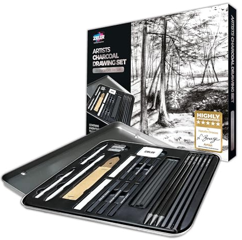 Zieler - Artists Charcoal Drawing Set | 24-piece Gift Tin Set | The Ideal Starter Set!