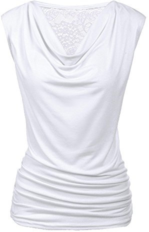 PINSPARK Spitzentop Damen Ärmellose Oberteile Wasserfall Shirt Sexy V-Ausschnitt Bluse Caulse Tank Tops Basic Shirts Weiß M