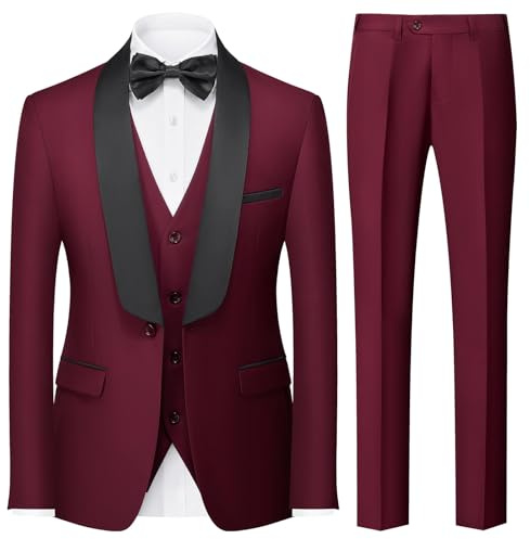 KUDORO Män kostymer 3 delar slim fit casual business smoking kostym för män klassisk blazer väst byxor set, Vinrött, L
