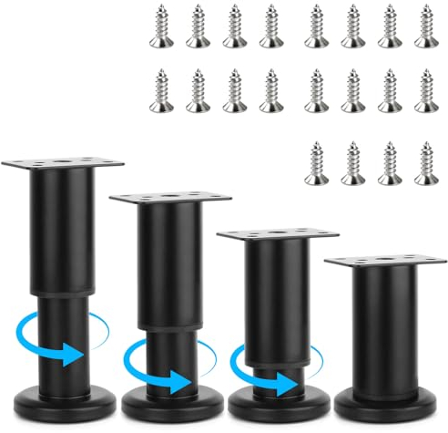 Yooler 4 Pezzi Piedini per Mobili, 8-12 cm piedini regolabili per mobili, Nero Metallo gambe per mobili, piedini per letto con 20 Viti per in metallo per armadi, mobili TV, divani, comodini