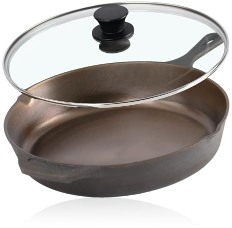 Padella in ghisa lucida Mahlzeit 29,5 cm con coperchio | Padella universale con due beccucci, bordo alto