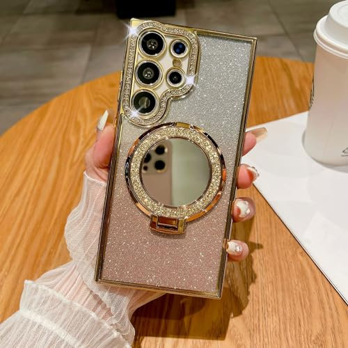 Altartar Magnetisch Handyhülle für Samsung Galaxy S22 Ultra Glitzer Hülle mit Ständer,Glitter Handyhülle Samsung S22 Ultra Spiegel Makeup Schutzhülle Ultradünn Transparent Case Cover-golden