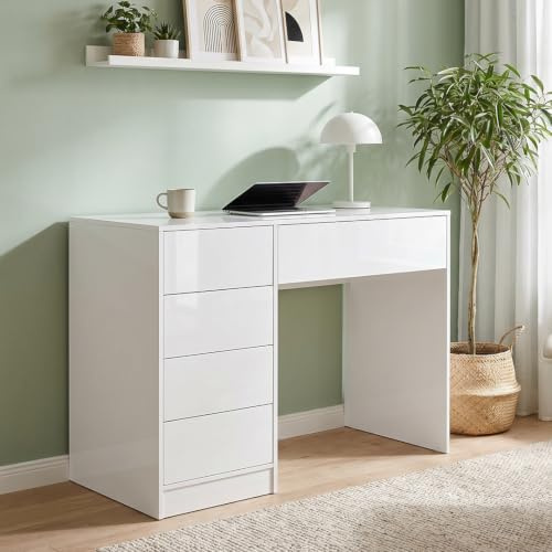 Bellamio Livny Schreibtisch Hochglanz weiß mit 5 Schubladen – Schminktisch ohne Spiegel – White Desk with Drawers 80x53x110 cm – Jugendschreibtisch - Bürotisch mit Schubladen beidseitig montierbar