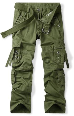 Aeslech Pantaloni cargo da uomo, in cotone, casual, larghi, da lavoro, escursionismo, viaggi, con tasche, vestibilità comoda (senza cintura), Verde militare, 56