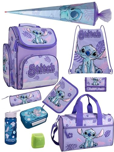 Familando - Schulranzen Set - 10-teilig mit Schultüte - Disneys Lilo und Stitch - Ergonomisch, stabil & mit gepolstertem Rücken - 930g leicht - 15L Volumen - Mit Reflektoren - ab 1. Klasse