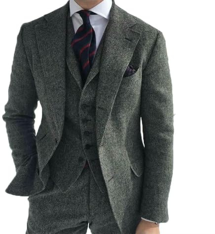 QXWD Herr Business 3-delade kostymer grön ull retro fiskbensmönster Brudgum Tweed smoking för bröllop (kavaj+byxor+väst)