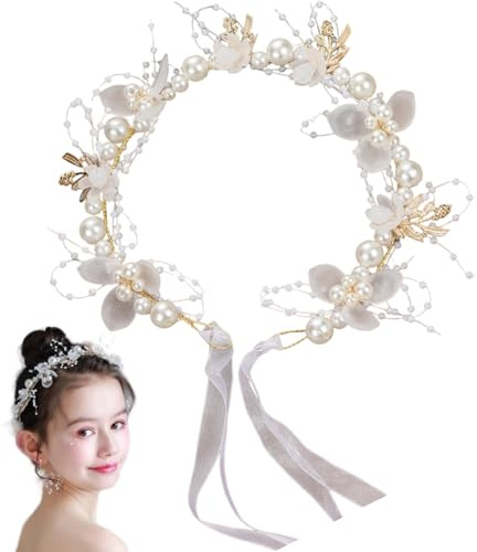 1pc Corona de flores blancas, elegante corona floral con perla, diadema de flores con cinta para mujeres princesa de fiesta de bodas de niñas.