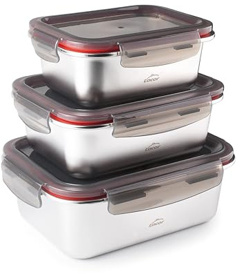 LACOR - 64617 - Set 3 contenitori per alimenti Ecoinox, acciaio inox 18/10, 800/1200/1800 ml, adatto per microonde, forno, congelatore e lavastoviglie, ermetico, BPA Free