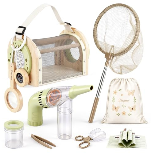 Dreamon Kit de Chasse aux Insectes pour Enfants – Coffret Exploration Nature avec Cage en Bois, aspirateur, Filet à Papillons et Sac – Cadeau Safari Outdoor pour garçons de 3 à 5 Ans