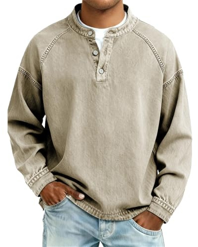 Henley tröjor för män lös passform långärmad t-shirts retro tvättade snap-button down t-shirts bekväma rund hals t-shirts skrynkelfri vardaglig t-shirt andningsbar sport t-shirt toppar
