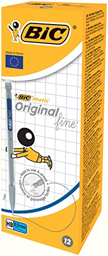 BIC 820958 Druckbleistift Matic, 0,5 mm, HB, sortierte Clipfarben, inklusive drei Minen, Schachtel à 12 Stück, hellgrau