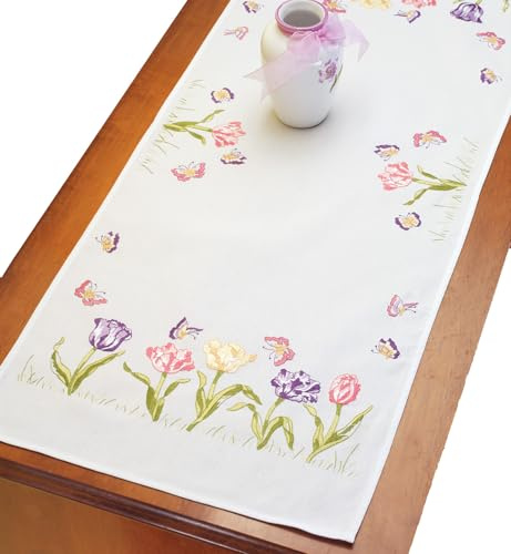 Janlynn Stamped Embroidery Kit, Tulip Garden Dresser Scarf