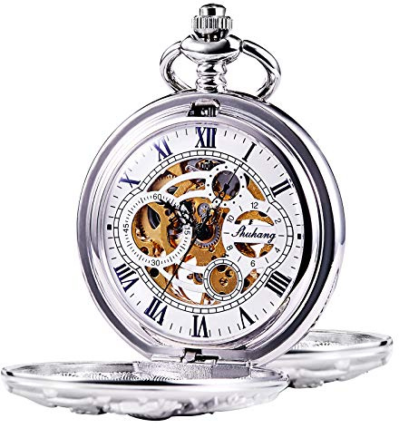 Treeweto - Reloj de bolsillo antiguo de esqueleto mecánico y figura de dragón con cadena