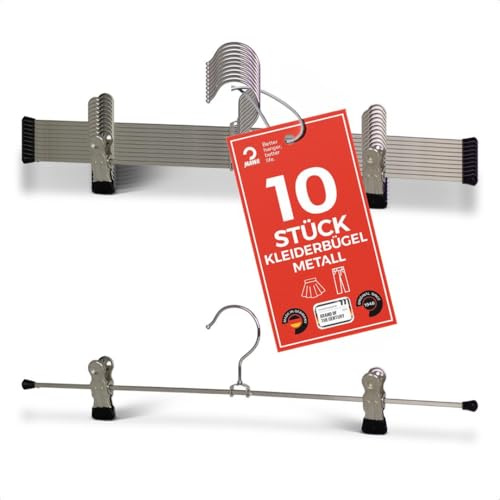 MAWA klädhängare med klämmor, set med 10 utrymmesbesparande galgar med halkfria klämmor, perfekt för byxor och kjolar, med 360° vridbar krok, 40 cm, svart