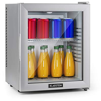 KLARSTEIN Brooklyn Mini Frigo de Chambre, Mini Bar, Refrigerateur Aliments et Boissons, Porte en Verre, Etagères Réglables, Petit Frigo pour Camping et Voiture, Silencieux, 12-18°C, 23L