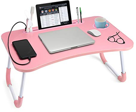 Slendor Lap Desk with Cup Holder, Foldable Laptop Table for Bed, Portable Bed Desk for Laptop and Writing, Computer Tray with Tablet Slot, Notebook Stand Reading Holder for Couch Sofa Floor,Pink