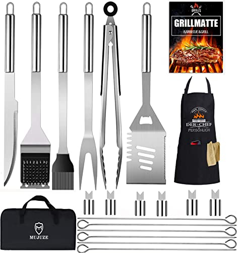 Grillbesteck Set,Grillzubehör Männer Geschenk,Edelstahl Grillkoffer Set of 20,Grill Zubehör mit Grillzange Grillspachtel und Grillschürze, BBQ Grill Set Ideales für Outdoor und Camping