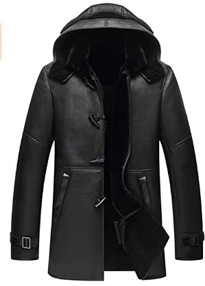 Men's Classic Hooded Anti Winter Black Fur Real Sheepskin bomber Leather Duffle Coat (Small)