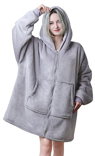 Queenshin Zipper Wearable Blanket Hoodie Grey,Oversized Sherpa Comfy Fluffy Sweatshirt Christmas Holiday Gifts for Adults Women Men,Warm Cozy Hooded Body Blanket With Sleeves