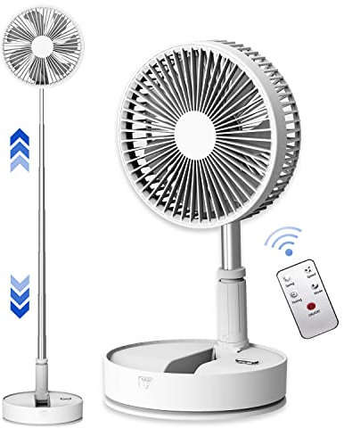 UNITEDTIME Portable Fan Foldable Rechargeable [Remote Control ]Battery Operated Foldaway Standing Pedestal Oscillating Fans, Timer for Camping Travel, Bedroom,Collapsible(White)