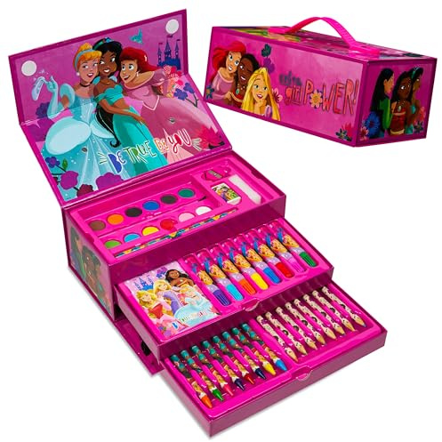 Disney Valigetta Colori per Bambini - Kit Colori per Disegnare e Dipingere Principesse Set Acquerelli Bambini Pennarelli Matite Pastelli - Regalo Creativo per Bambine