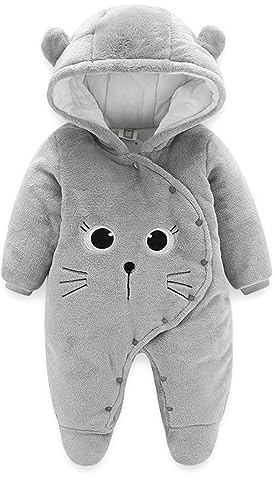 JiAmy Baby Hooded Romper Fleece Snowsuit Cartoon Jumpsuit Fall Winter Outfits, Grey 3-6 Months