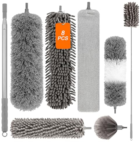 TAVADA 8 Pezzi Spolverino per Polvere, Togli Ragnatele Allungabile 256 cm, Spolverino Telescopico Lavabile In Microfibra, Bastone Telescopico per Pulizia Tetti Interni, TV, Ventilatori a Soffitto