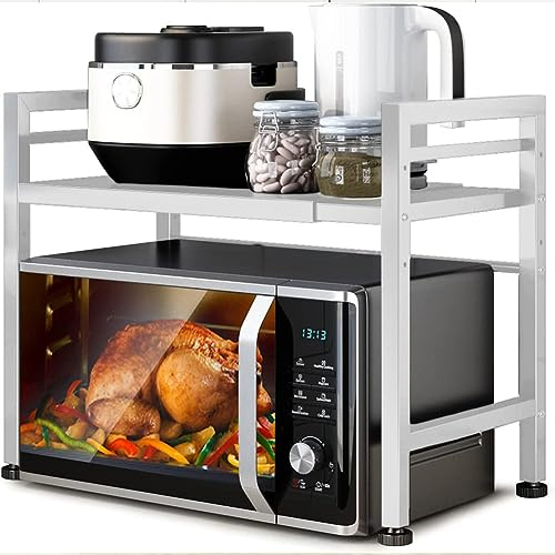 Shally Dogan Mensola Salvaspazio Porta Microonde in Acciaio Allungabile, Scaffale da Cucina con Ripiano Portaspezie, Mobile Estensibile con Ganci e Piedini Antiscivolo, Design Moderno (Bianco)
