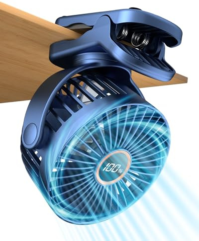 buywoo Portable Mini Personal Fan, Small Rechargeable Battery Powered Stroller Fan for Desk, Strong Clamp Grip, 360° Rotation, 3-Speed, LED Display, Clip On Cooler for Bed, Golf Cart, Office, Blue