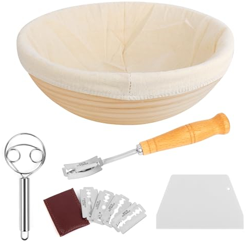 CTDMJ 10inch Bread Proofing Basket Set 100% Natural Bread Banneton Sourdough Proving Basket Kit Sourdough Bread Making Tools with Dough Whisk, Linen Liner Cloth, Dough Scraper, Bread Lame & Blades