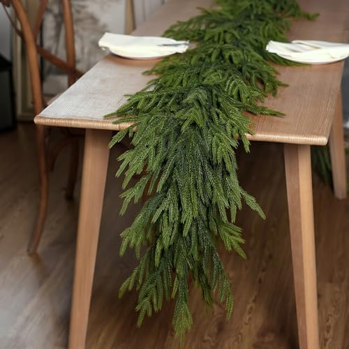 9 FT Real Touch Norfolk Pine Garland Green Artificial Christmas Garland Faux Greenery Garland for Holiday Fireplace Mantle Window Indoor Outdoor Decor (2 PCS)